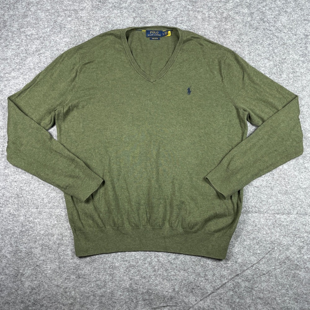 Polo Ralph Lauren Sweater Mens L Olive Green V-Neck Pima Cotton Long Sleeve Knit